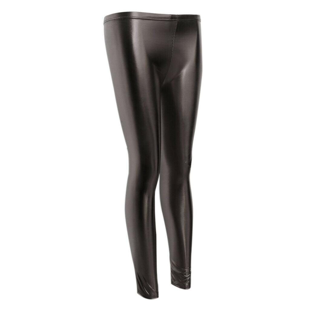 Women Faux Leather Leggings Wet Look  Metallic Stretch Pants Iron Gray