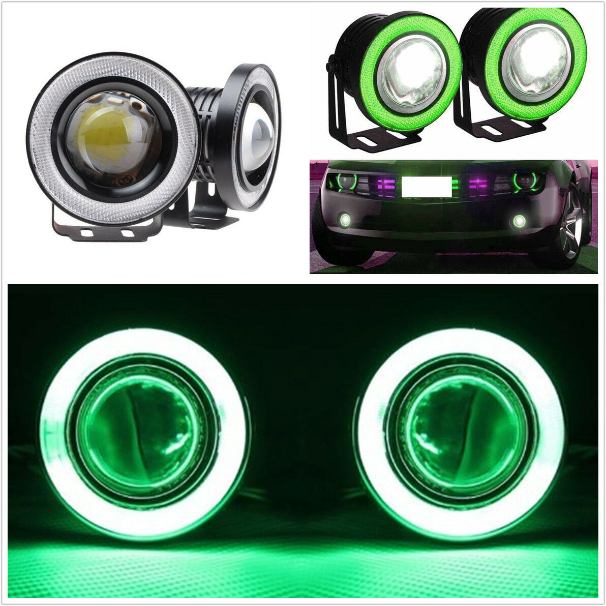 Auto 2.5" Angel Eye Green COB Halo Ring Projector Lens LED DRL Driving Fog Light