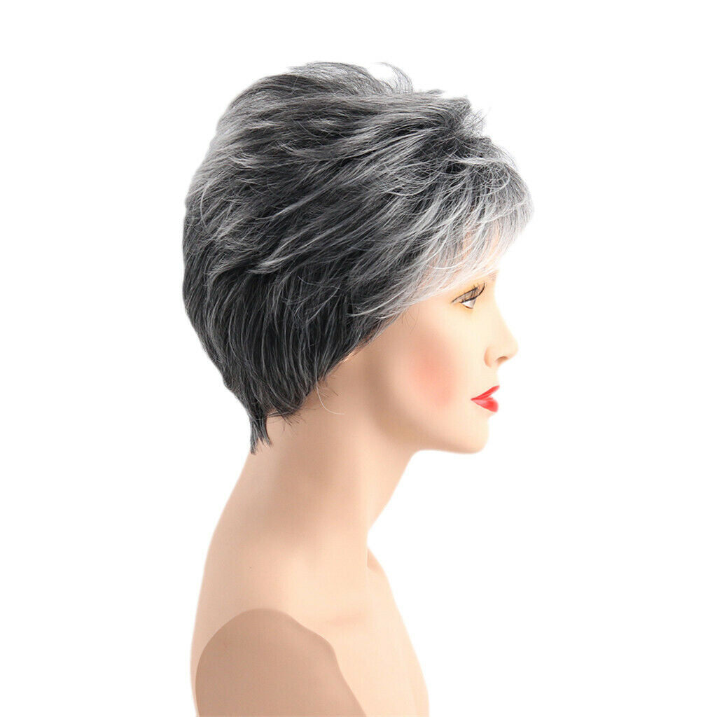 Female Full Wig Gray And White Short Wig Synthetic Synthetic Hair Womens Women