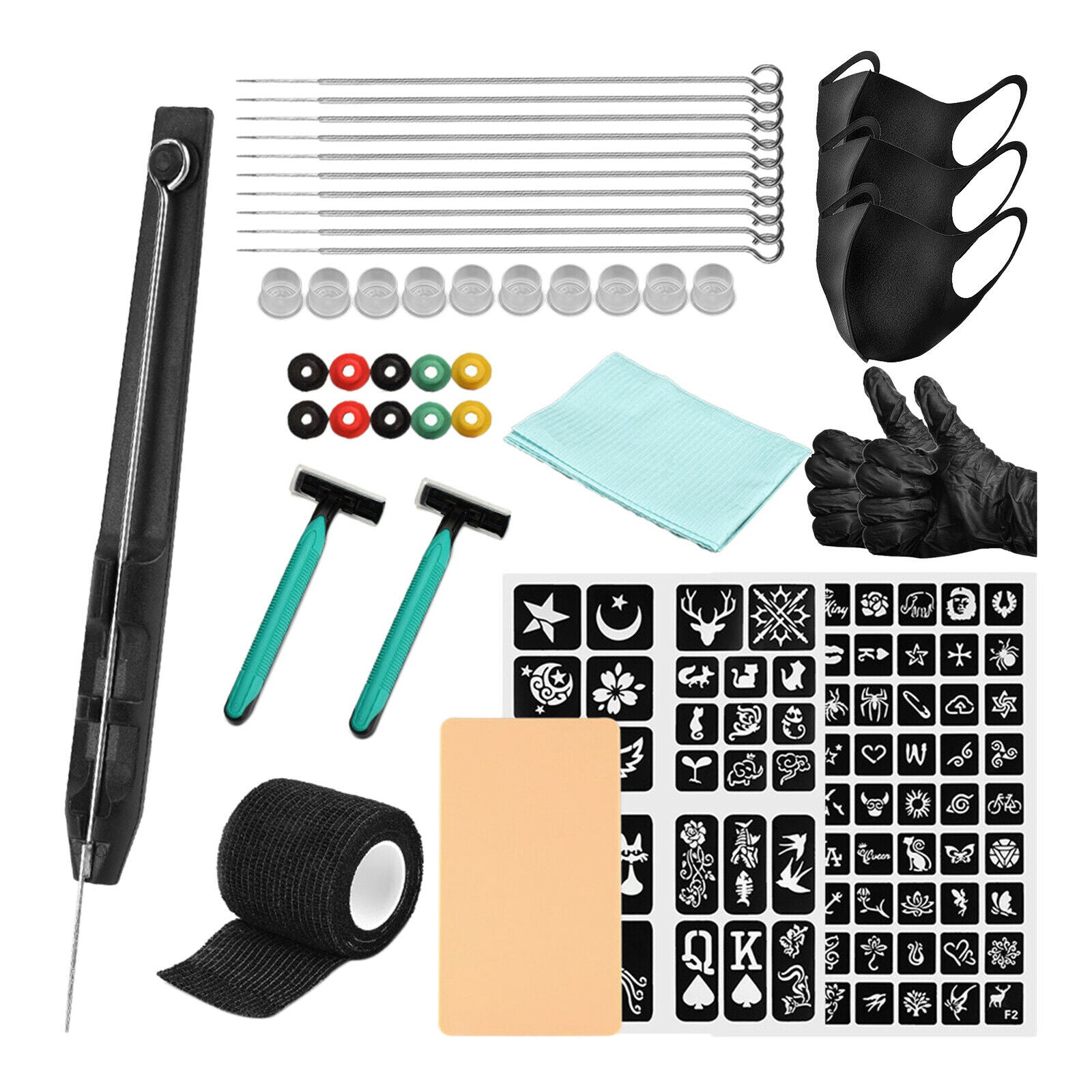 Tattoo Kit Hand Poke and Stick 2x Tattoo Stencil 2pcs Blue Tattoo Tablecloth