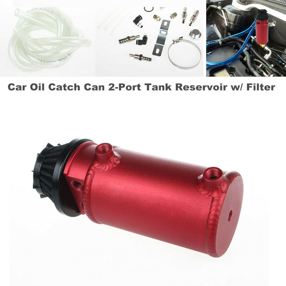 Universal Aluminum Oil Catch Can 2-Port Tank Reservoir w/ Filter Protect Engine