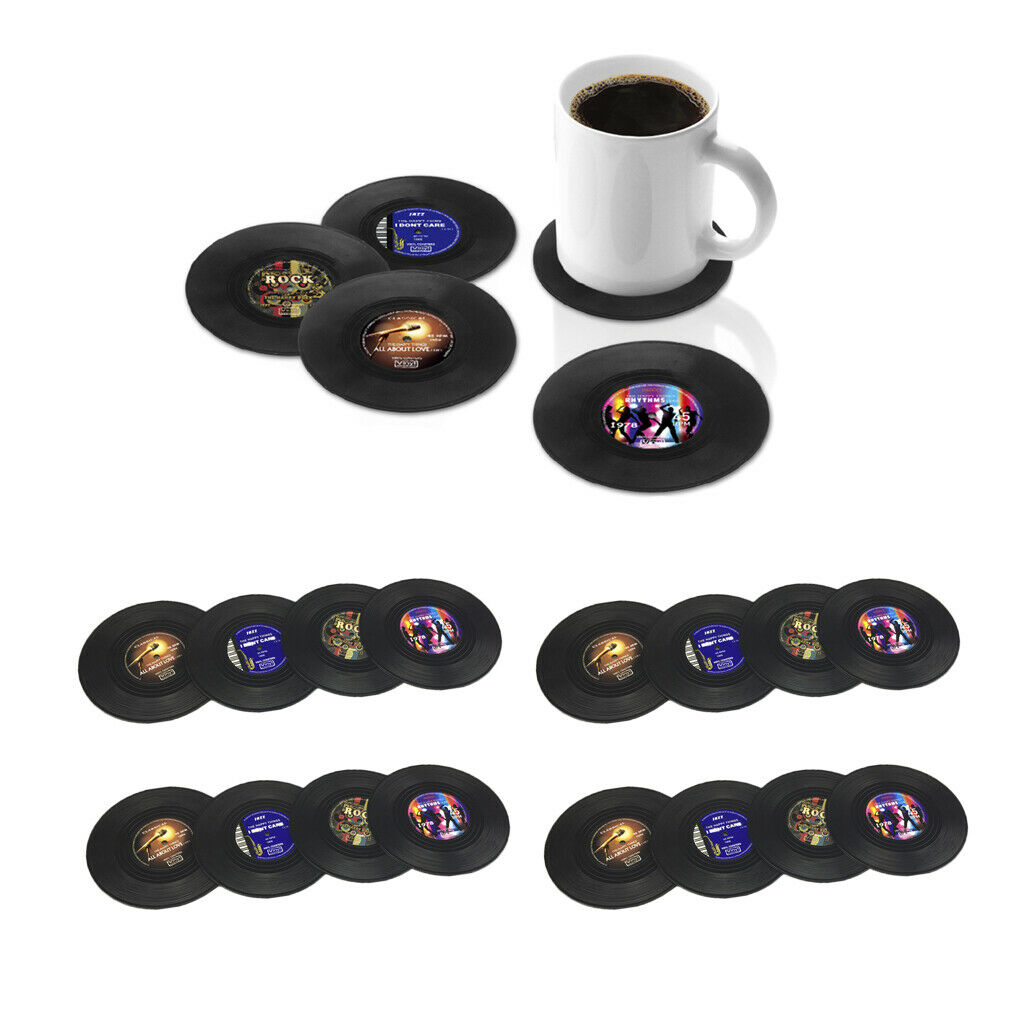 Set of 16, Drink Cup Mat Silicone Coaster Black Vinyl Record 10cm Gift