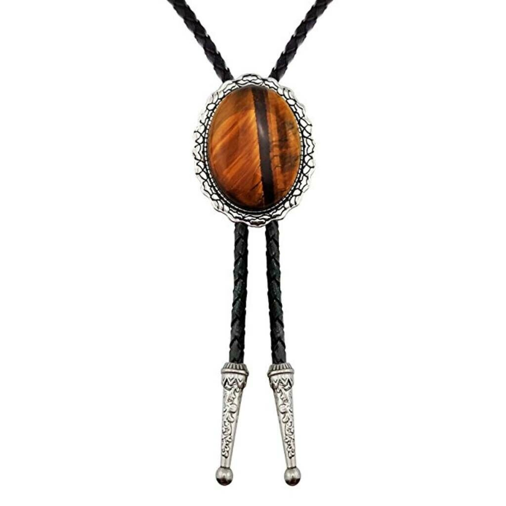Western Cowboy Natural Tiger Eye Stone Bolo Tie