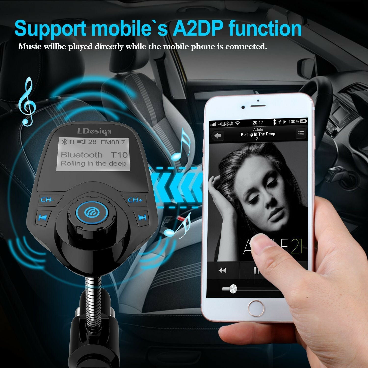 1.44" LCD Wireless FM Transmitter &USB Charger & Handsfree Bluetooth &MP3 Player