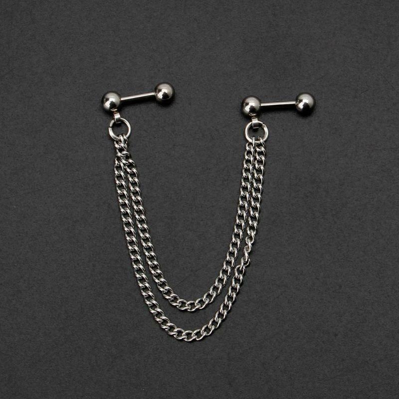 1Pc Punk Ball Stud Cartilage Ear Cuff Wrap Double Chain Piercing Unisex Earring