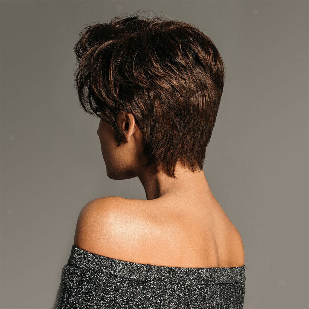 8’’ Women Fashion Chic  Short Straight Wavy Pixie Cut Side Part Wig Brown