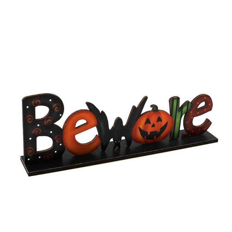 Halloween Wooden Table Decor Beware Letters Pumpkin Sign Party Desktop Ornament