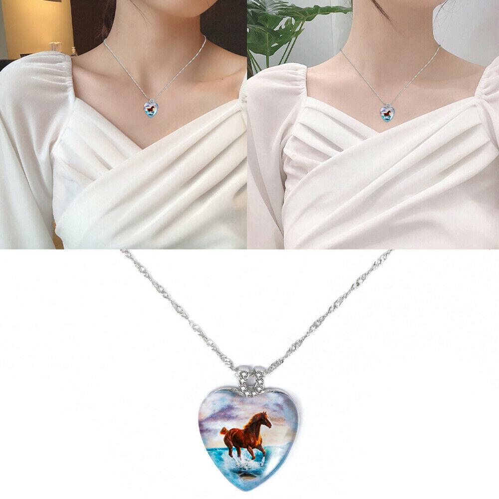 Women Peach Heart Animal Pendant Necklace Horse Natural Crystal Jewelry Gift