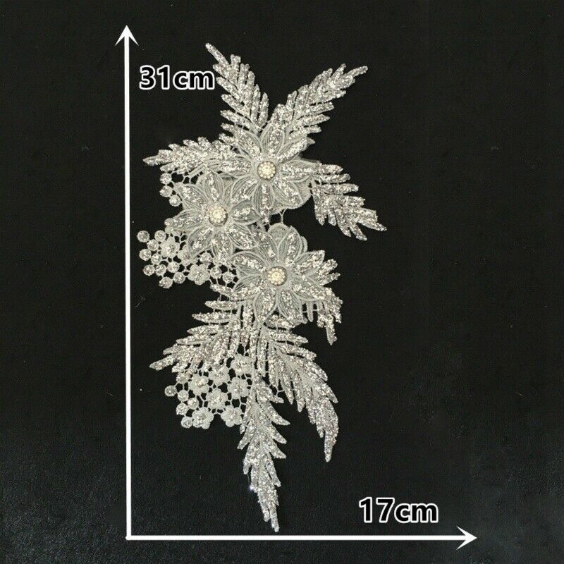 Floral Patch Applique Lace Embroidered Glitter Shiny Crystal Sewing Dress Sliver