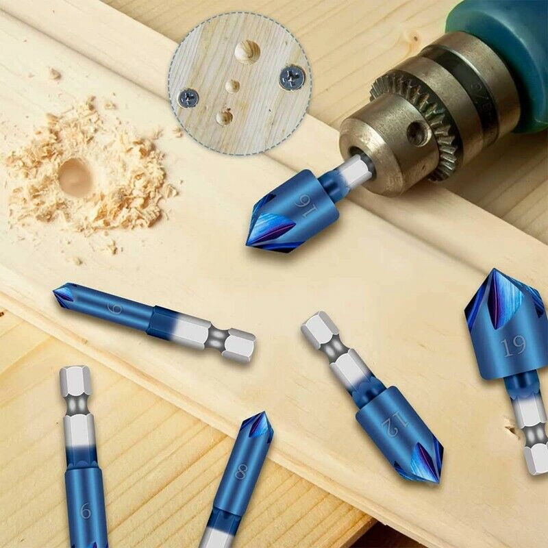 6Pcs 1/4Inch Hex Shank HSS Counter Sink Drill Bit 90 Degree 5 Flute Nano Blue Y1