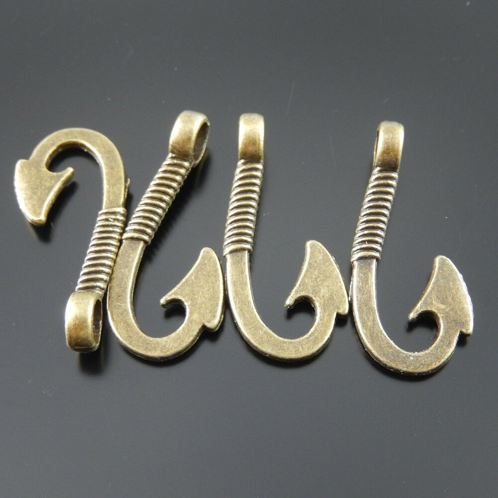 20 pcs Antiqued Bronze Fish hook Metal Pendant Bracelet Making Charm 25*14*3mm