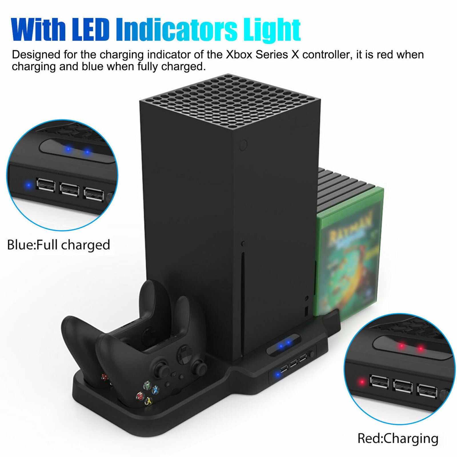 For Xbox Series X Console Vertical Stand+Cooling Fan+Controller Charger+USB Hub