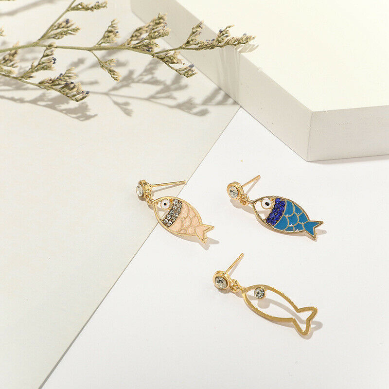 3Pcs/Set Fashion Women Bohemian Sea Fish Crystal Dangle Stud Earrings Jewelr Qx