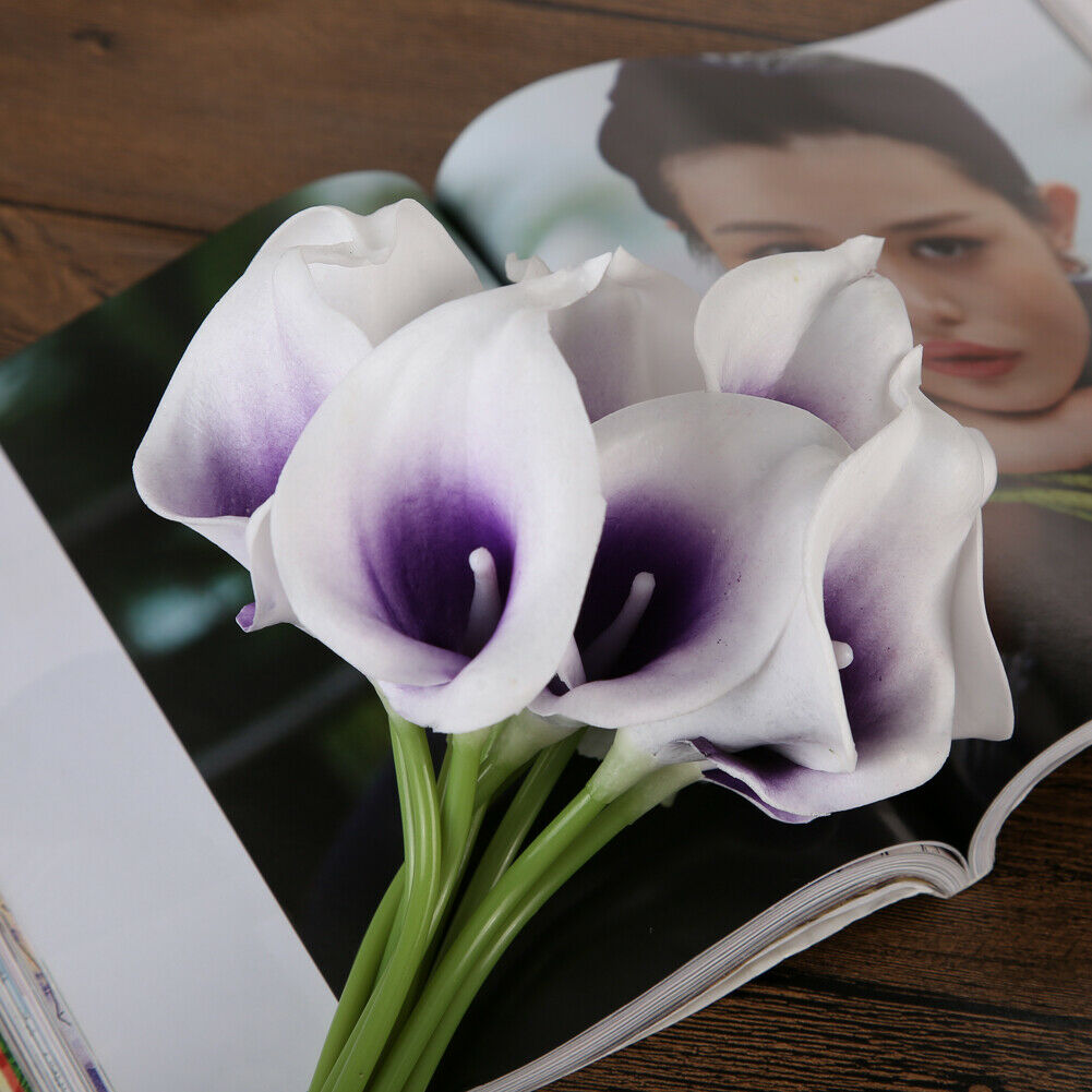 10pcs Calla Bridal Wedding Bouquet  Latex Real Feeling Flower Purple @