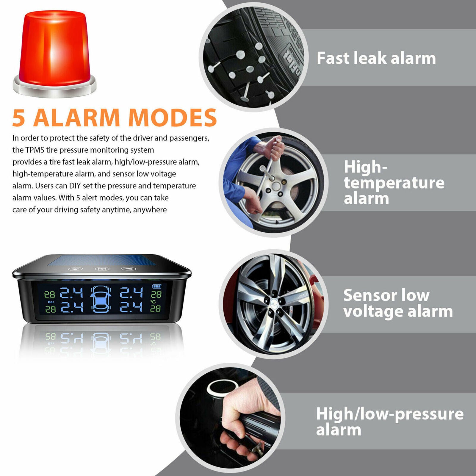 Wireless Touch Solar TPMS LCD Car Tire Pressure Monitoring System 4-Sensor Alarm