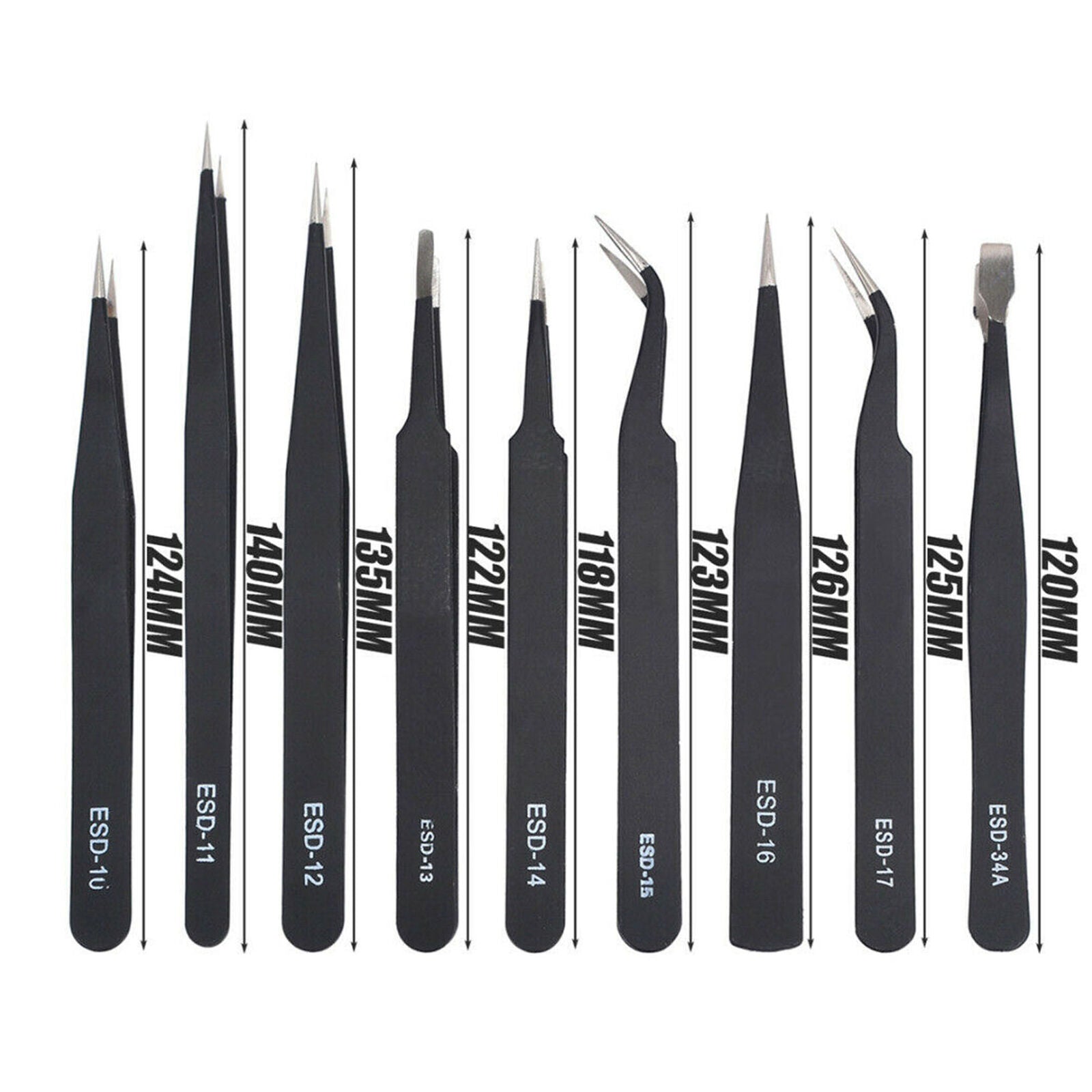 9PCS ESD Anti-Static Tweezers Set Maintenance Repair Stainless Steel Tools Kit