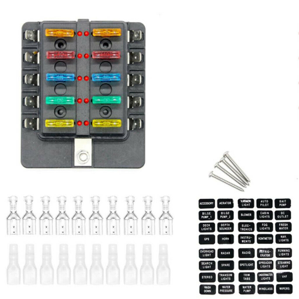 32V 10 Way Blade Fuse Box Holder LED Warning Light for RV Boat Marine Truck