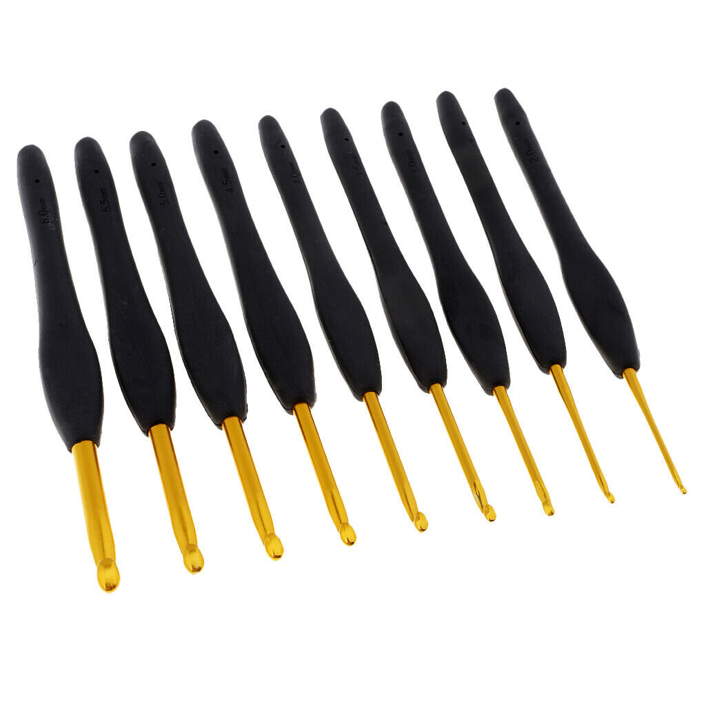 9 Sizes Black Soft Handle Aluminum Crochet Hooks Needles with Case 2mm-6mm
