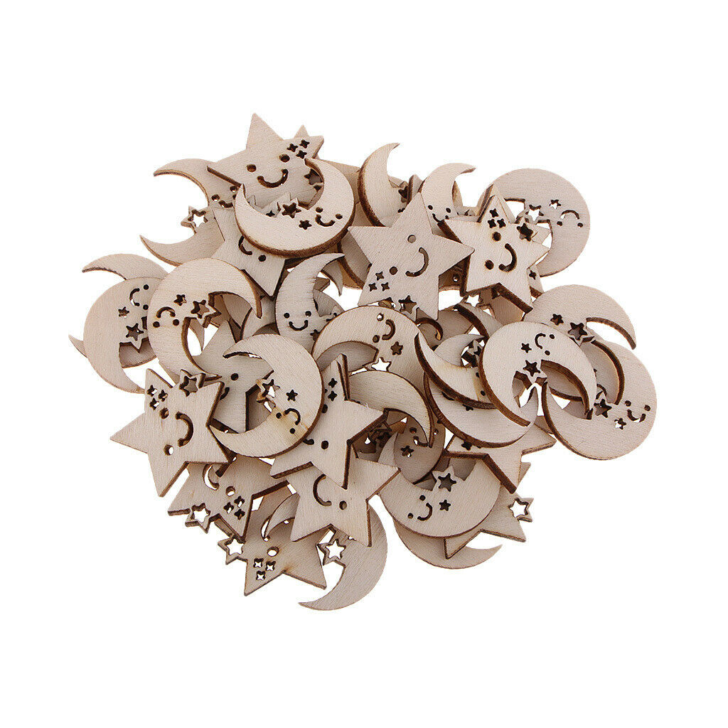 50 Pieces Wooden Moon Stars Embellishments Unfinished Wood Chips for Taking