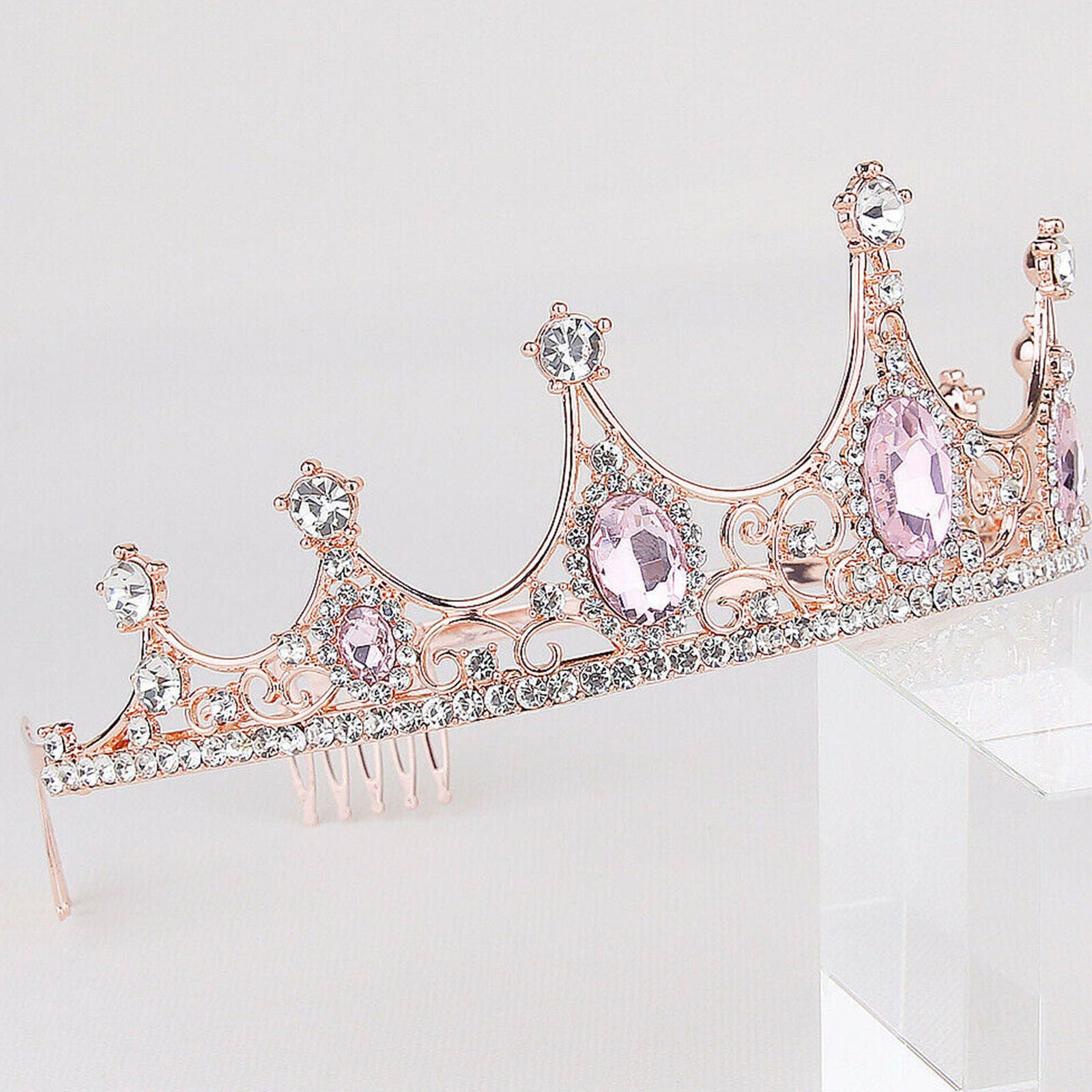Rose Pink Crowns Headband Crystal Birthday Tiara Rhinestone Princess Crown Party