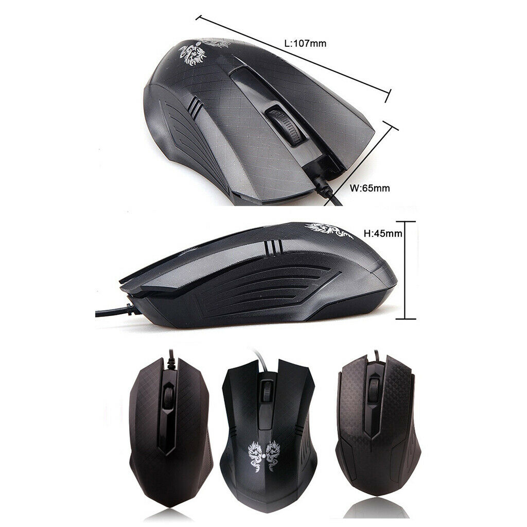 1000dpi USB Wired Optical Mouse 3-Button Gaming Mic for Computer Black