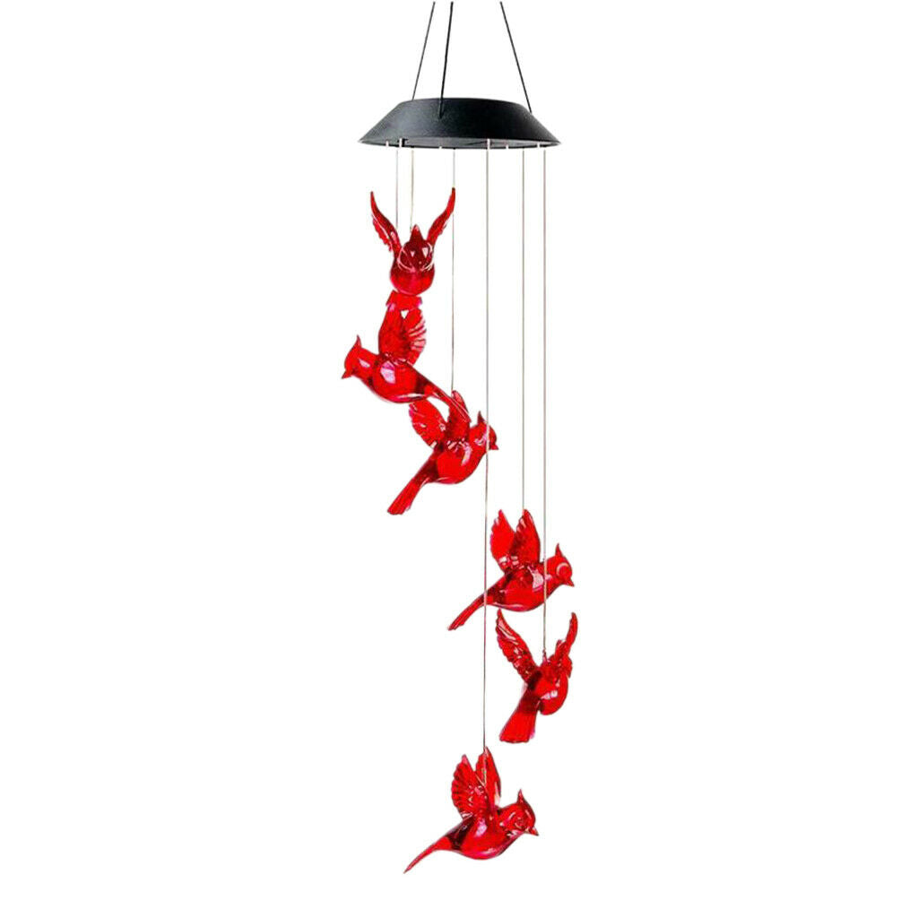 Solar Powered LED Red Cardinal Bird Wind Chime Light Garden Yard Art Decors