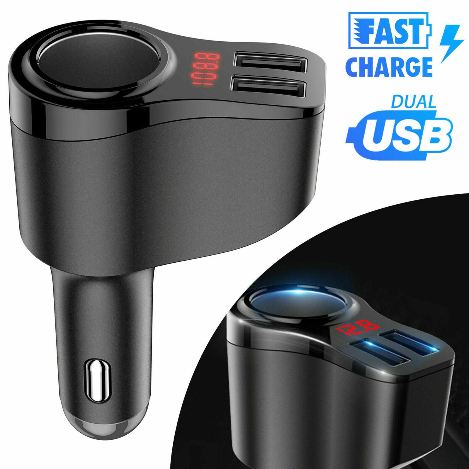 Dual USB Car LCD  Lighter Socket Splitter Charger Power Adapter DC/12V