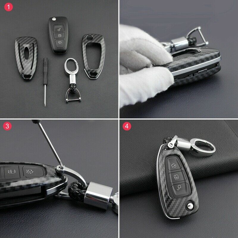 for Ford Focus 2012-2018 Car Carbon Fiber Smart Key Cover Case with Key Chain J4