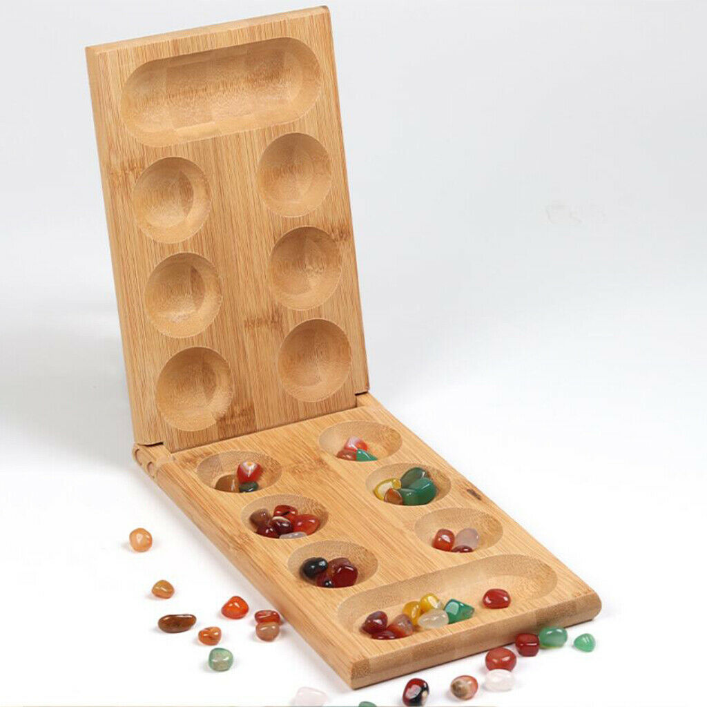 Portable Foldable Wooden Mancala Board Game with 48 Colourful Stones for Kids