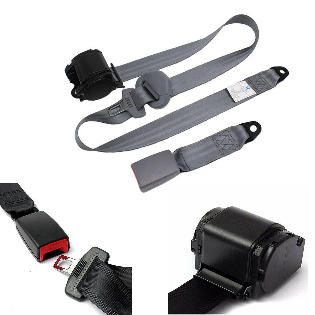 Car Seat Belt Lap 3 Point Safety Travel Adjustable Retractable Gray nylon