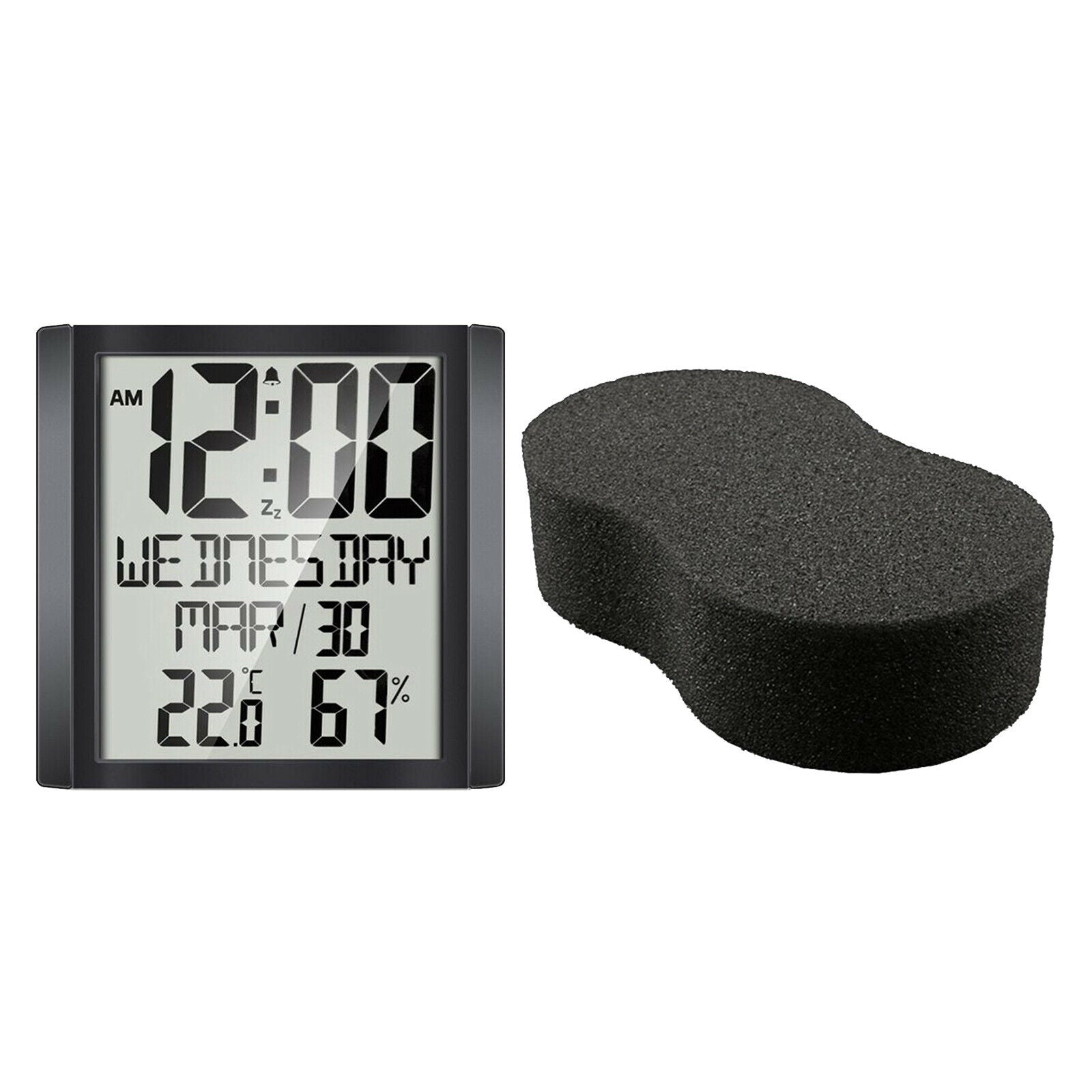 Compact digital day clock. Large display temperature and humidity display