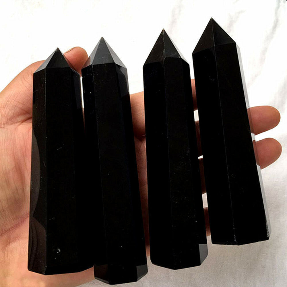100% Natural Obsidian Black Quartz Crystal Stone Healing Point Hexagonal Wand US