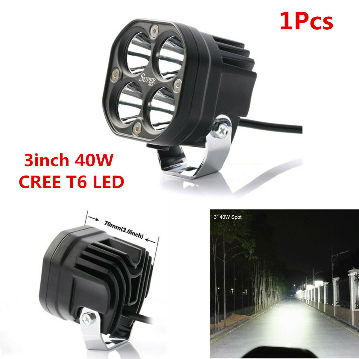 -XN1Pcs 3 Inch 40W  LED Motorcycle Headlight Fog Spot Light 8000LM 6500K White