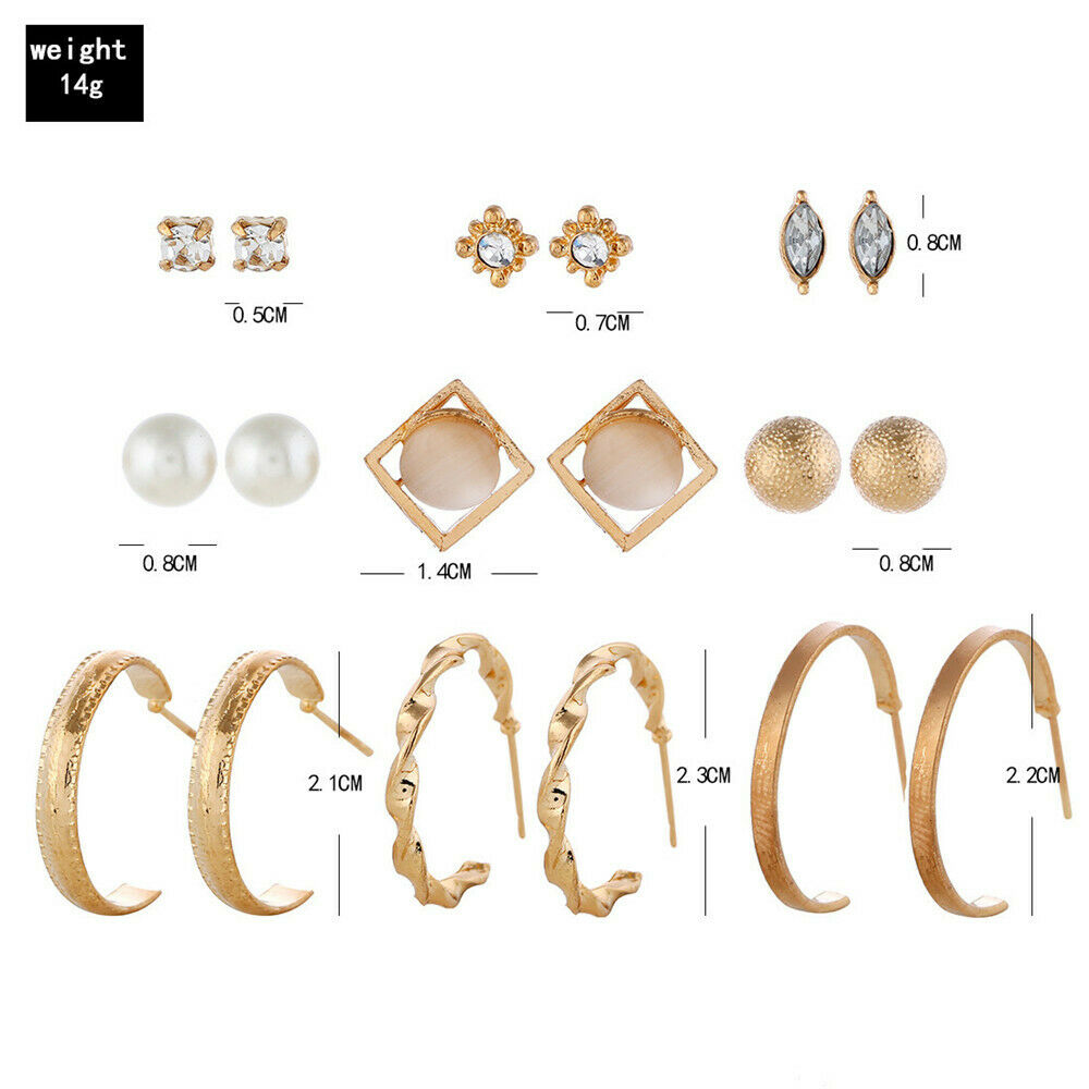 9 Pairs Elegant Women Rhinestone Crystal Zircon Earrings Set Jewelry Ear Stud