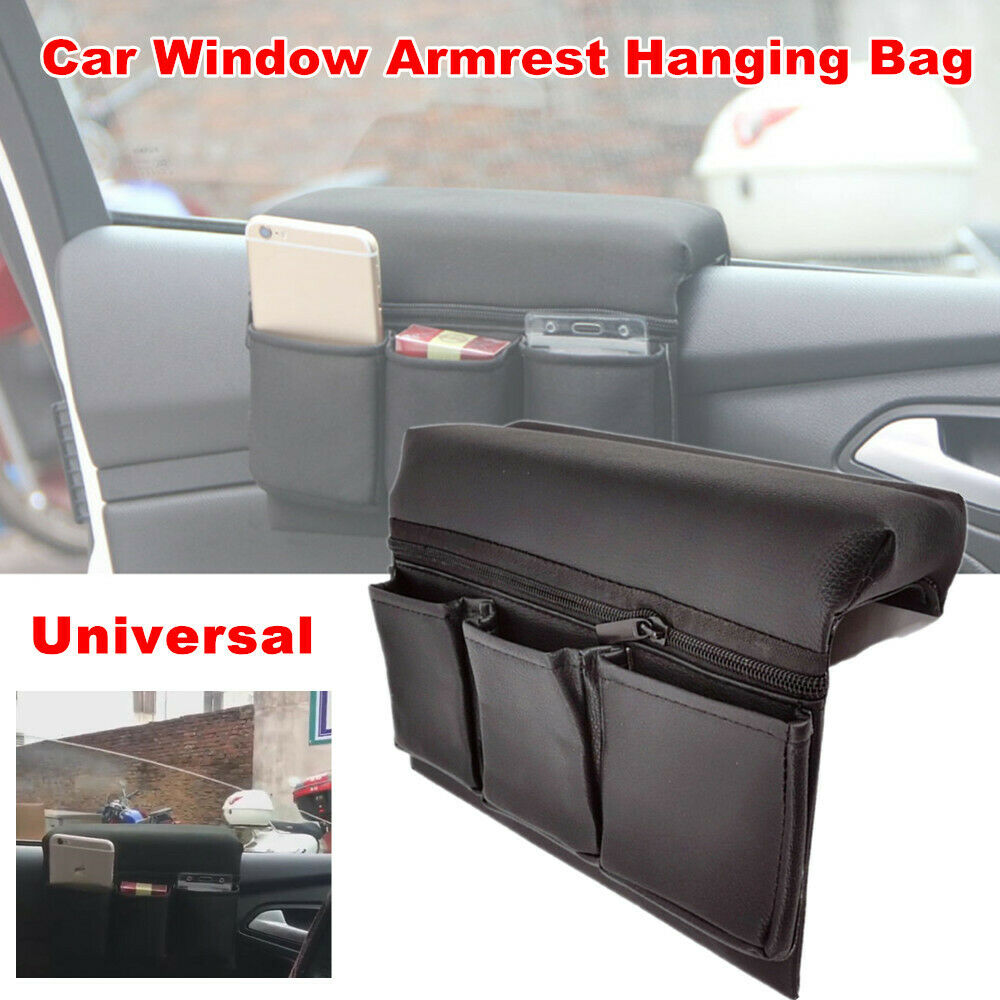 Car SUV Window Armrest Hanging Bag Leather Storage Pocket Organizer Phone Holder
