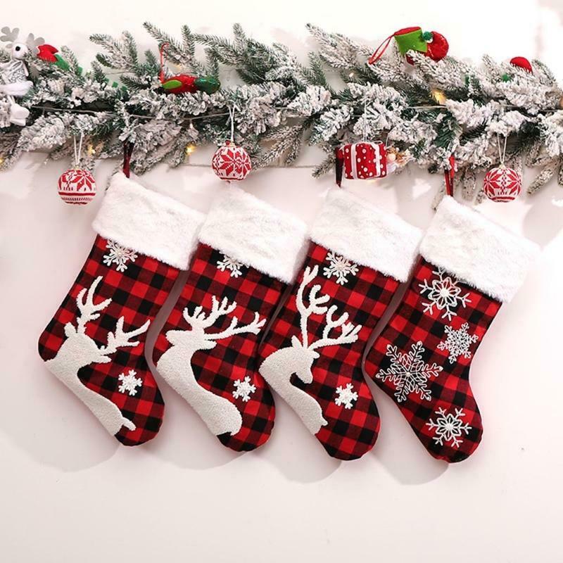 4pcs Plaid Snowflake Christmas Stockings 18'' Large Red and Black Xmas Stockings