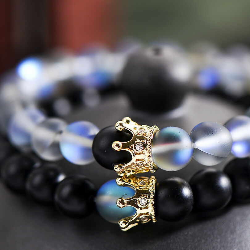 Luxury Couple His And Hers Distance Bracelets Moonstone Beads CZ Crown Lovers