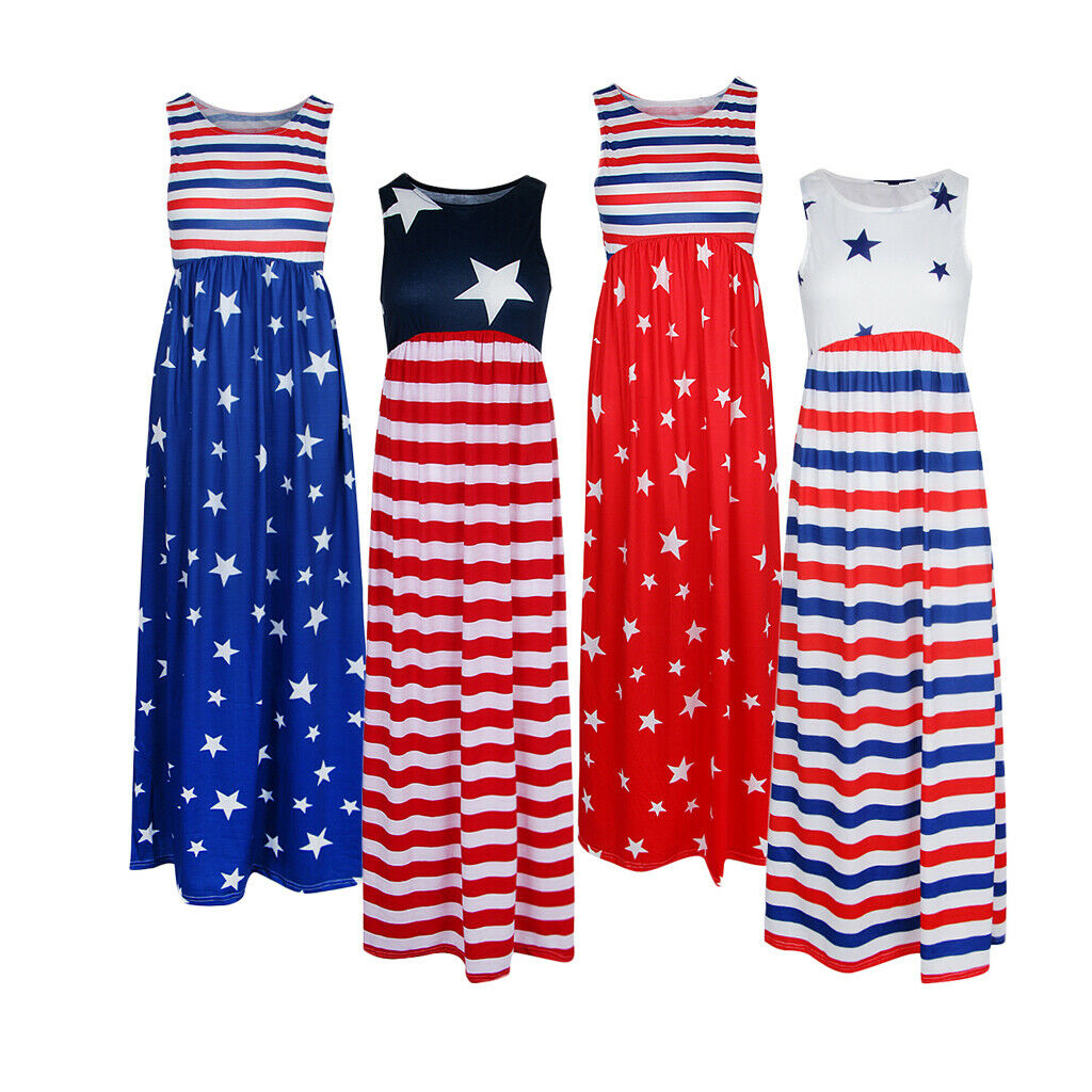 Women Casual Stars and Stripes Prints Sleeveless Maxi Tank Dress M Style 1