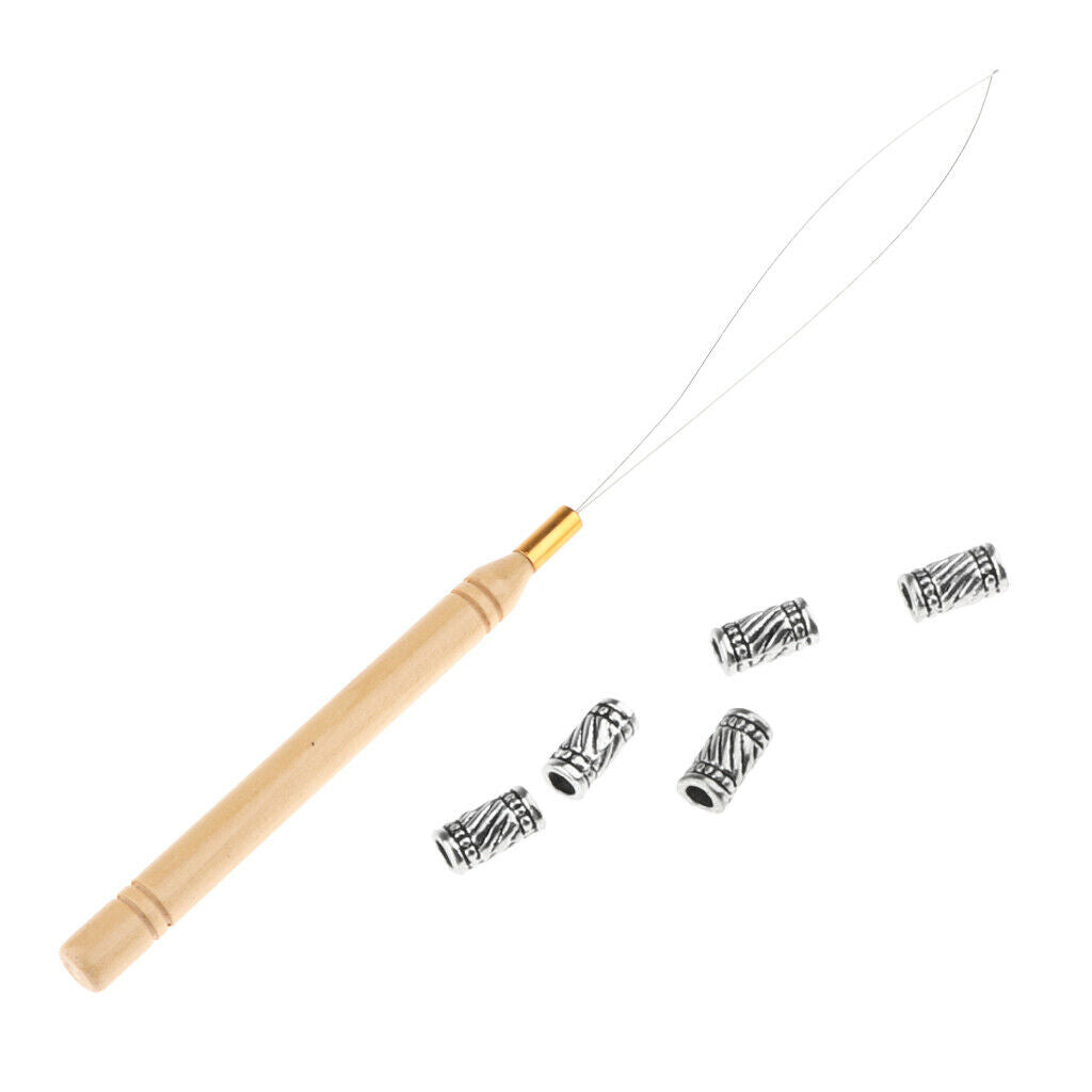 5Pcs Hair Braid Bead Hair Extensions Decoration + Wire Pulling Hook Tool 03