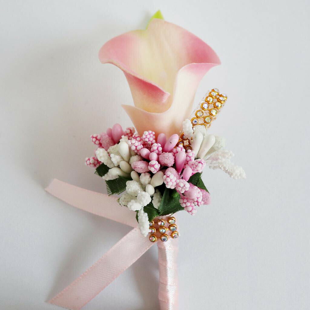 2Pcs Cute Calla Berry Rhinestone Groom Bridal Wedding Corsage Peach 2 Colors