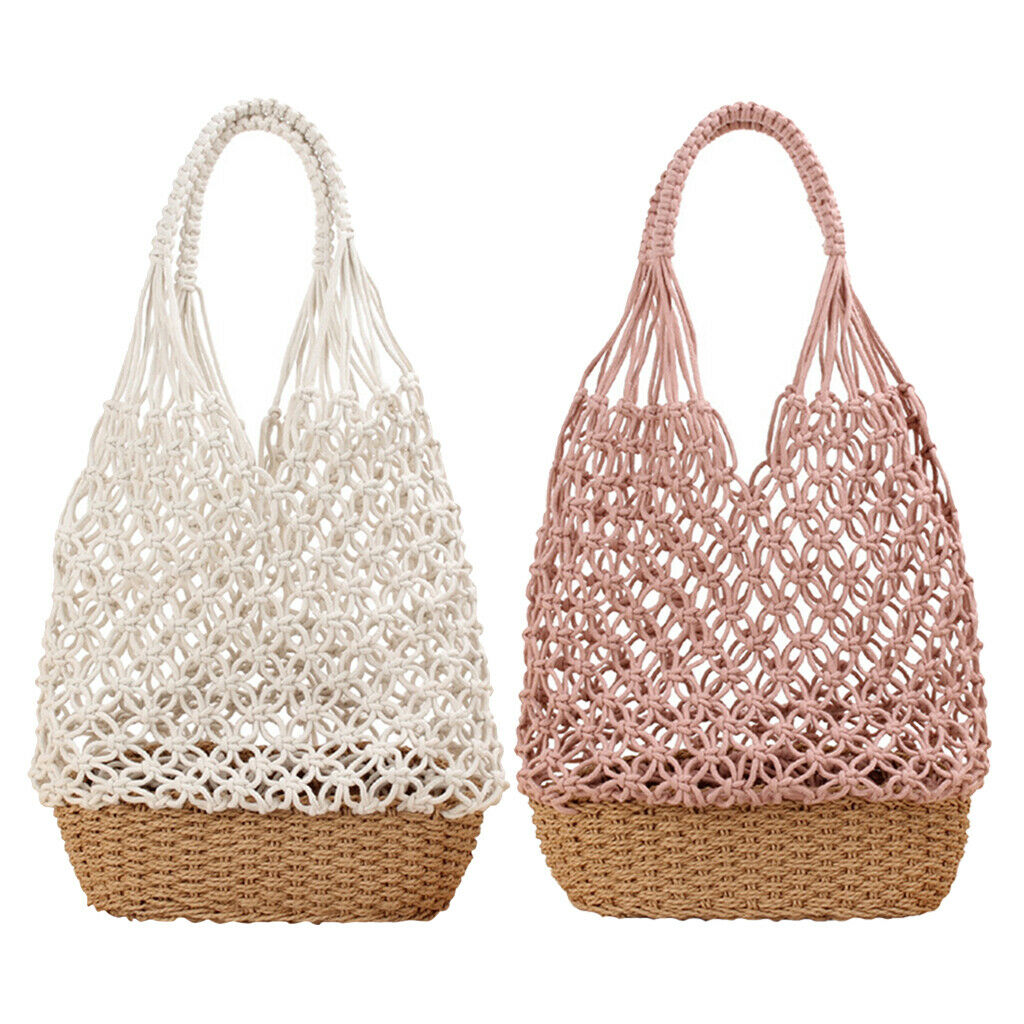 2PCS Womens Straw Shoulder Bag Beach Shopping Bag Woven Bag Purse Pink+White
