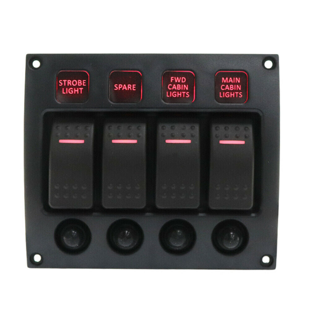 4 Gang Red LED Rocker Switch Panel Waterproof 24/12V Car Boat Marine