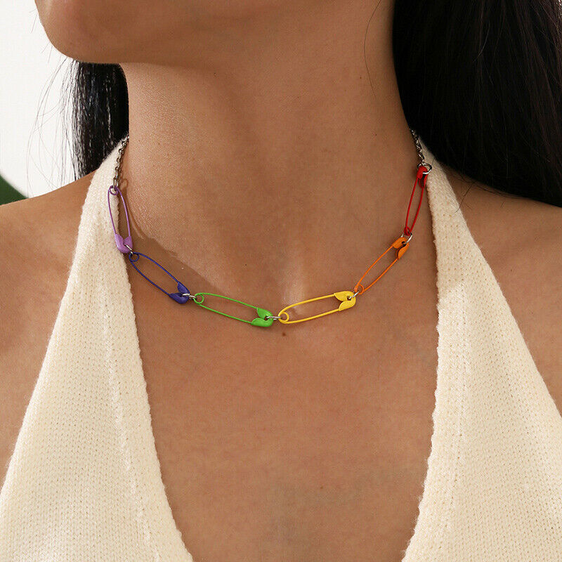 Fashion Punk Colorful Safety Pins Chokers Necklace Women Men Jewelry Accessor Pb