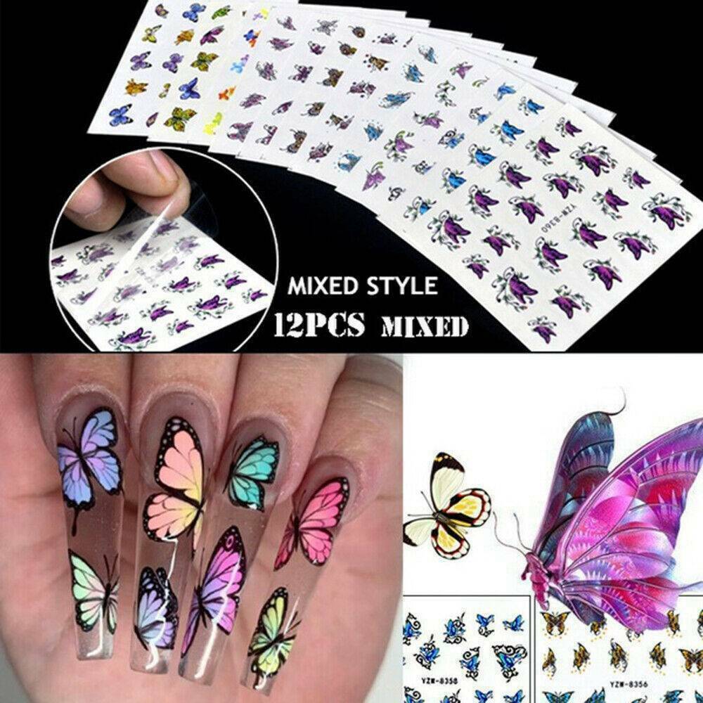 12 Sheets Flower Butterfly Nail Art Water Transfer Decals Colorful Stickers Tips