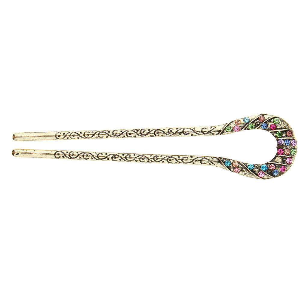 Retro Chinese Rhinestone Fork Hair Stick Wedding Bridal Chignon Pin Colorful