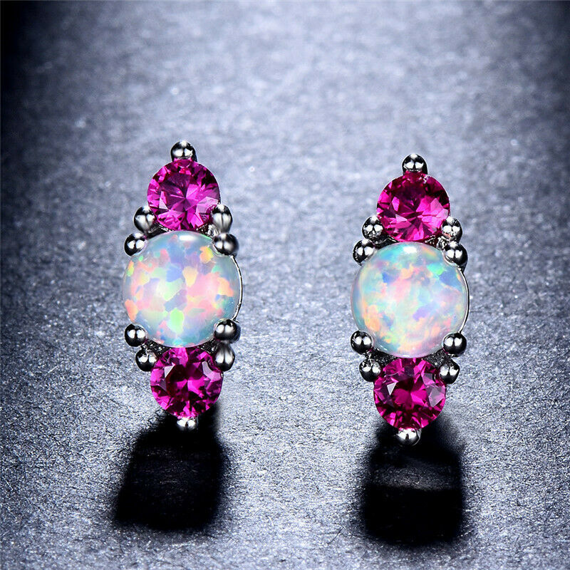 Fashion Pink Crystal White Simulated Opal Dangle Stud Earrings Wedding  Gift