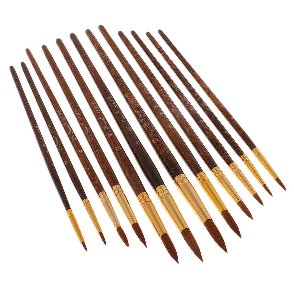 12Pc Round Arts Drawing Painting Brushes Acrylic Oil Watercolor Artist Paint