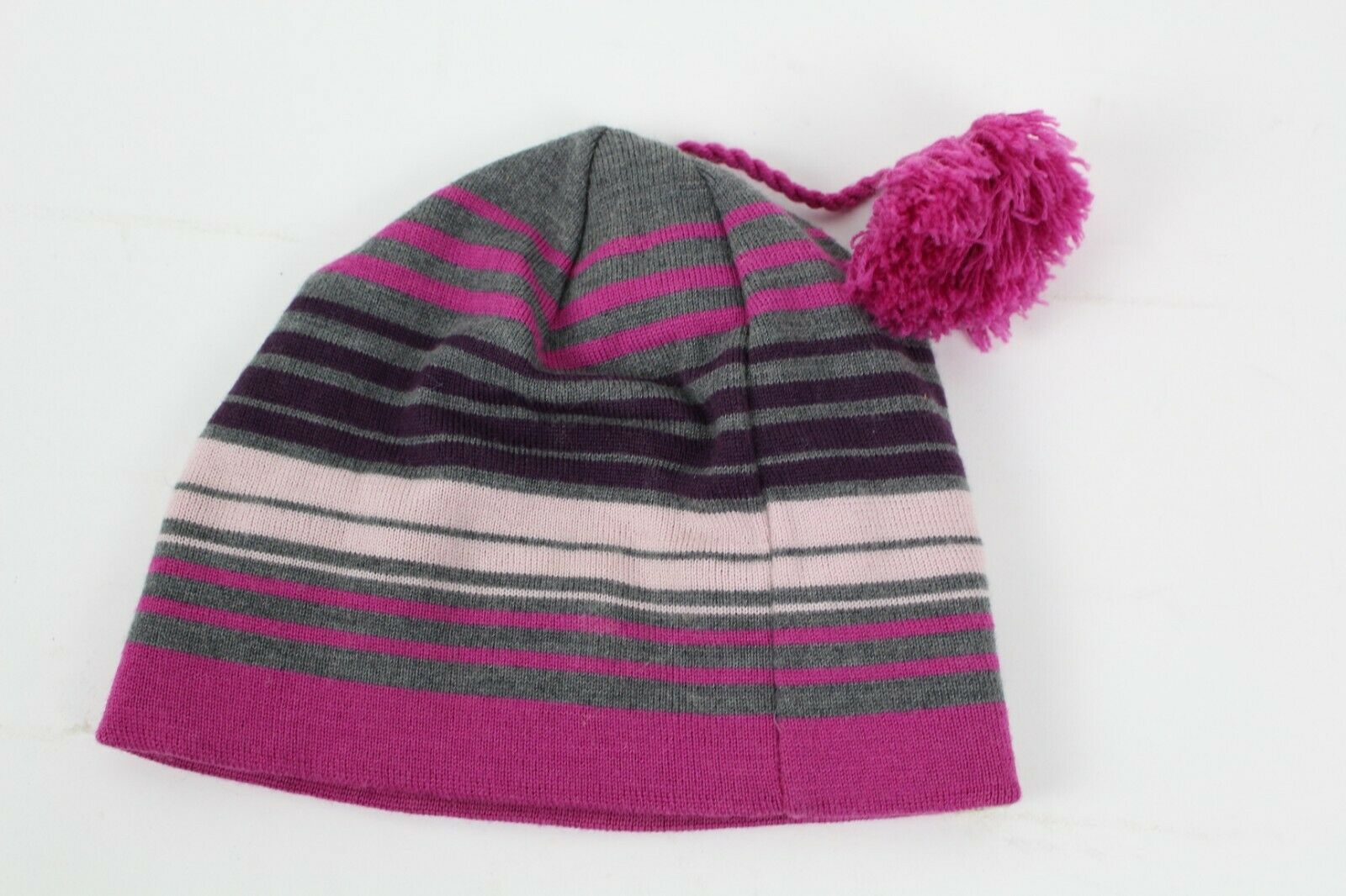 Girls Youth SMARTWOOL Beanie Pink Fuschia Striped Tassle Pom Pom Merino Wool