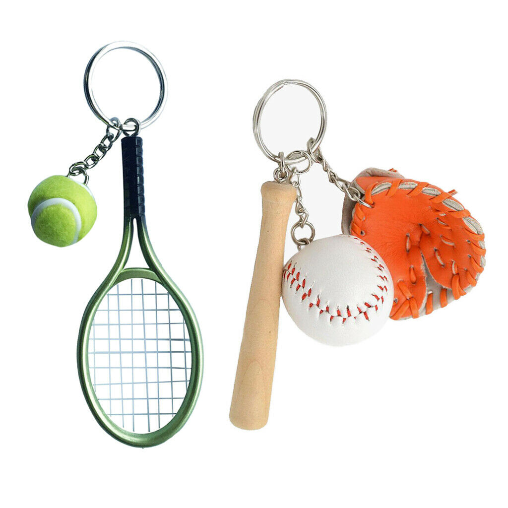 2 Pieces Cute Baseball Tennis Ball Racket Keychains Sport Spit Keyring Gift