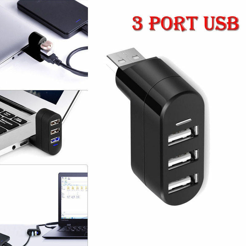 US. 3 Port USB 3.0 Rotating Splitter Adapter Hub For PC Laptop Notebook